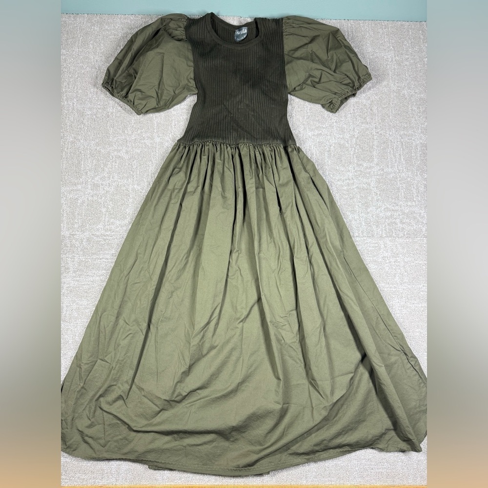Arula Dark Green Midi Stretch Puff Sleeve Boho Dress Size X (Medium)